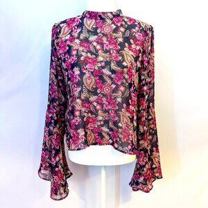 American Rag | Exaggerated Bell Sleeve Chiffon Blouse in Navy Floral | Medium